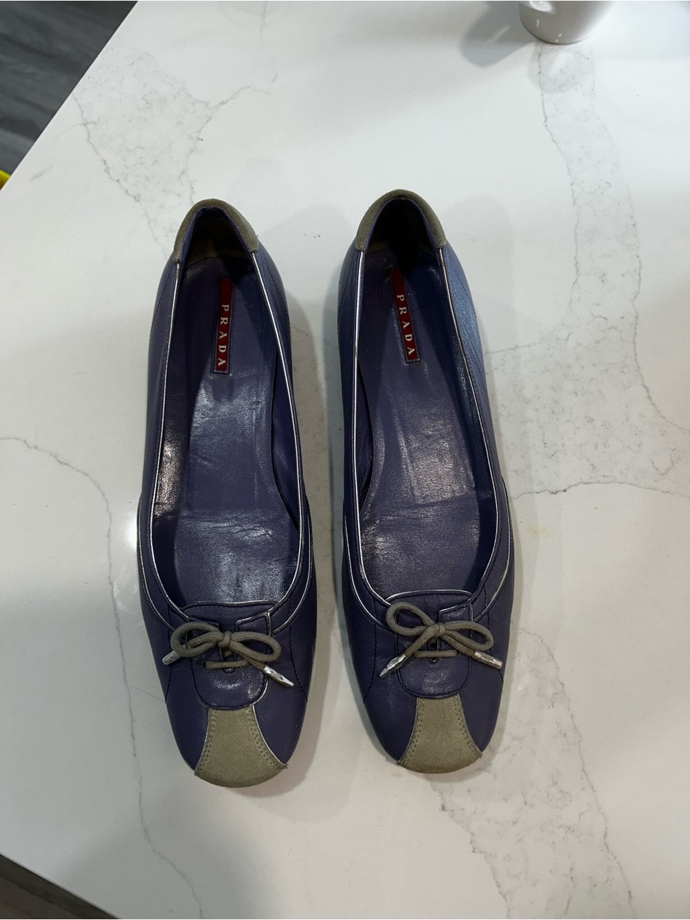 Prada Navy Leather Ballet Flats with Taupe Trim